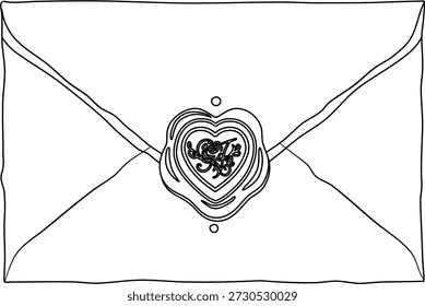 Um simples desenho em preto e branco de um envelope selado com um selo de cera em forma de coração.
