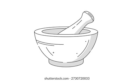 Simple black and white line drawing of a kitchen or pharmacy mortar and pestle tool used for grinding and mixing ingredients.