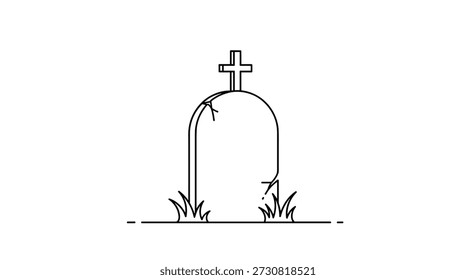 Desenho de linha simples em preto e branco de uma lápide rachada em um pedaço de grama com uma cruz em cima para cenas assustadoras do cemitério.