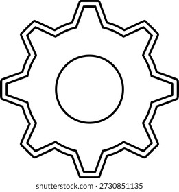 Un simple dibujo de línea en blanco y negro de un icono de engranaje, con una rueda dentada estilizada con un círculo central y bordes exteriores dentados.