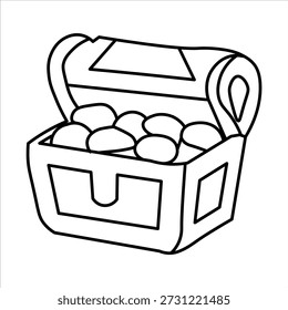 Un simple dibujo de línea en blanco y negro representa un cofre del tesoro abierto rebosante de monedas de oro brillantes, que simboliza la riqueza y la aventura.