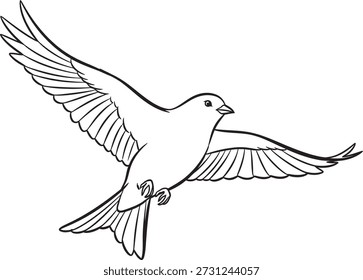 Un simple dibujo de línea en blanco y negro de una paloma en vuelo, mostrando sus alas extendidas y su elegante postura.
