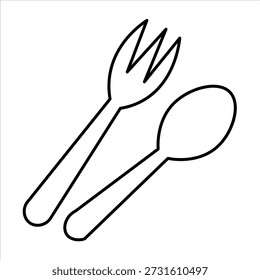 A simple black and white line drawing of a fork and a spoon, representing cutlery used for eating meals.
