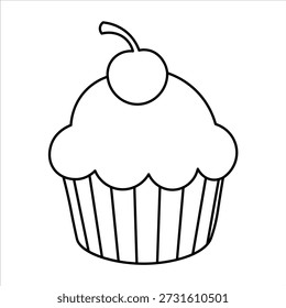 Un simple dibujo de línea en blanco y negro de un cupcake rematado con una cereza. El cupcake tiene un forro de papel estriado y un remolino de glaseado.