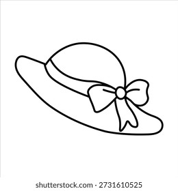 Un simple dibujo de línea en blanco y negro de un sombrero de ala ancha adornado con un lazo. Este accesorio clásico se asocia a menudo con la moda y los acontecimientos al aire libre.