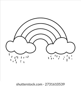 A simple black and white line drawing of a rainbow arching over two clouds with rain falling from them.