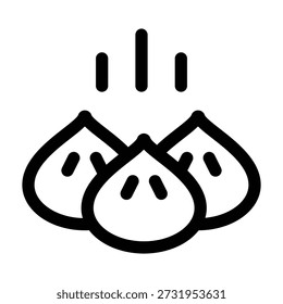 Simple black and white line drawing icon of steamed buns with rising steam. The minimalist illustration features three dumplings with textured folds and three vertical lines above indicating heat, representing Asian cuisine, breakfast, or dining.