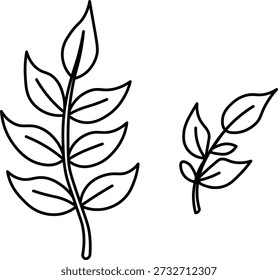 A simple black and white line drawing of two branches with leaves, one larger and one smaller, on a white background.