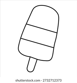 A simple black and white line drawing of a popsicle with two horizontal stripes, on a stick, isolated on a white background. This illustration is perfect for summer-themed designs.