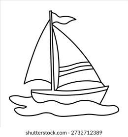 Eine einfache schwarz-weiße Linienzeichnung eines Segelbootes mit Segel, die auf stilisierten Wellen schwebt.