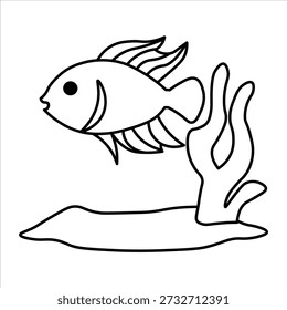 A simple black and white line drawing of a fish swimming near aquatic plants and a rock formation.