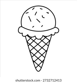 A simple black and white line drawing of an ice cream cone with sprinkles on top.