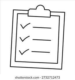 A simple black and white line drawing of a clipboard with a checklist. Three items on the list have checkmarks next to them.