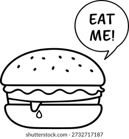 A simple black and white line drawing of a hamburger with a speech bubble saying 'eat me'. The image is a playful and humorous illustration of a tasty meal. The hamburger is drawn in a cartoon style with a few lines and shapes, making it a fun and recognizable icon. The speech bubble adds a comedic touch, inviting the viewer to take a bite. The image could be used in various contexts, such as advertising, marketing, or editorial content, to represent food, hunger, or appetite.