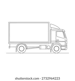Simple black and white line drawing of a large box truck with blank cargo area on a white background detailed vehicle illustration