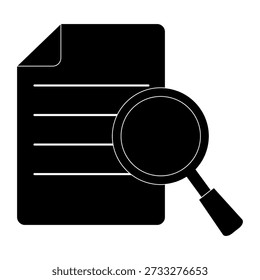 A simple black and white line drawing of a document with horizontal lines and a magnifying glass over it.
