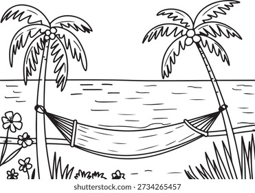 Simple black and white line drawing of a relaxing tropical beach featuring two palm trees, a hammock, flowers, and grass.