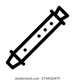 Simple black and white line drawing of a flute, a high-pitched woodwind instrument. The illustration depicts the long, tubular body with a straight row of finger holes and keys. Minimalist icon style, isolated on white background.