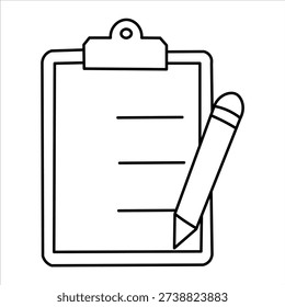 A simple black and white line drawing of a clipboard with lines for writing and a pencil. The clipboard has a clip at the top, and the pencil is positioned to the right of the clipboard, angled downwards.