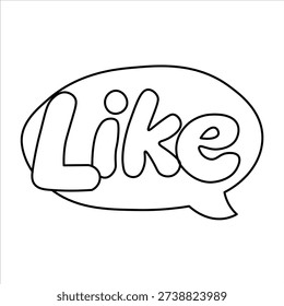 A simple black and white line drawing of the word "Like" inside a speech bubble. The word is written in a playful, rounded font.