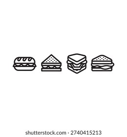 Simple black and white line drawing of four different sandwich icons