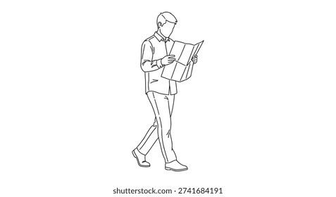 A simple black and white line drawing shows a man walking and absorbed in reading a broadsheet newspaper.