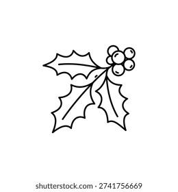 Simple black and white line drawing of a holly branch with berries