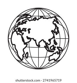 A simple black and white line drawing of the earth showing continents and lines of longitude