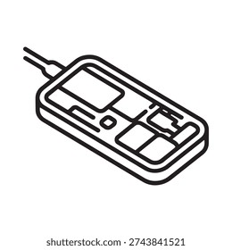 Simple black and white line drawing depicting a remote control with several buttons and an infrared emitter