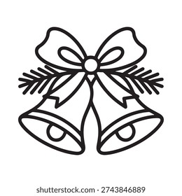 A simple black and white line drawing depicts two christmas bells adorned with a bow and pine branches