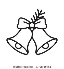 A simple black and white line drawing depicts two holiday bells adorned with a festive bow