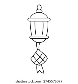 A simple black and white line drawing of a traditional ketupat hanging from a lantern, symbolizing a festive occasion.