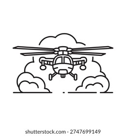 A simple black and white line drawing depicts a military helicopter flying amongst fluffy clouds high quality