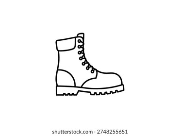 A simple black and white line drawing of a lace-up work boot with a thick tread is presented on a plain white background
