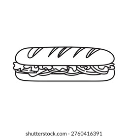 Simple black and white line drawing of a classic submarine sandwich