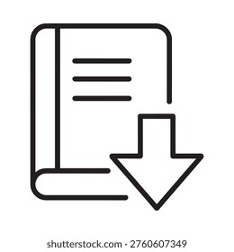 A simple black and white line drawing of a book with a download arrow