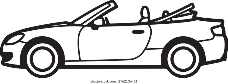A simple black and white line drawing of a convertible car in profile view