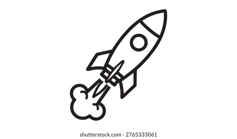 A simple black and white line drawing of a rocket ship launching with smoke billowing from its engines. The rocket is angled upwards and to the right.