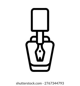 A simple black and white line drawing of a vintage inkwell with a quill pen