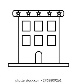 A simple black and white line drawing of a hotel building with stars on top and multiple windows.