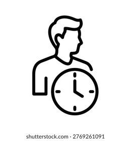 A simple black and white line drawing depicts a person's head and shoulders with a clock integrated into their chest area.