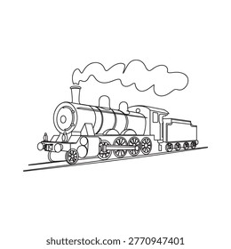 A simple black and white line drawing of a vintage steam locomotive train