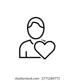A simple black and white line drawing shows a person's head and torso embracing a heart. It represents affection, care, or a personal connection.