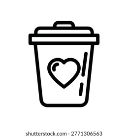 A simple black and white line drawing depicts a trash can with a heart symbol and a stick figure drawn on its side, conveying a message of love or affection.