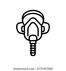A simple black and white line drawing depicts a gas mask with a filter, symbolizing protection against hazardous airborne substances and pollutants.
