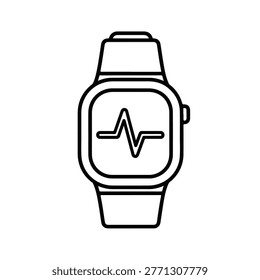 A simple black and white line drawing of a smartwatch displaying a heart rate monitor icon on its screen. It represents health tracking technology.