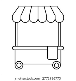 A simple black and white line drawing of a mobile food cart or stall, ready for customization or use in a design project. It features a striped awning, a counter, and wheels.