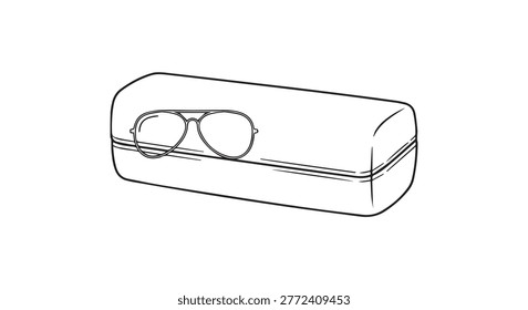 A simple black and white line drawing of a pair of aviator sunglasses resting on top of a closed glasses case.