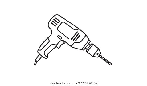 A simple black and white line drawing of a power drill with a drill bit attached, ready for use.