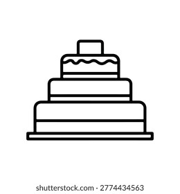 A simple black and white line drawing depicts a four-tiered wedding cake on a silver platter, symbolizing celebration and joyous occasions.